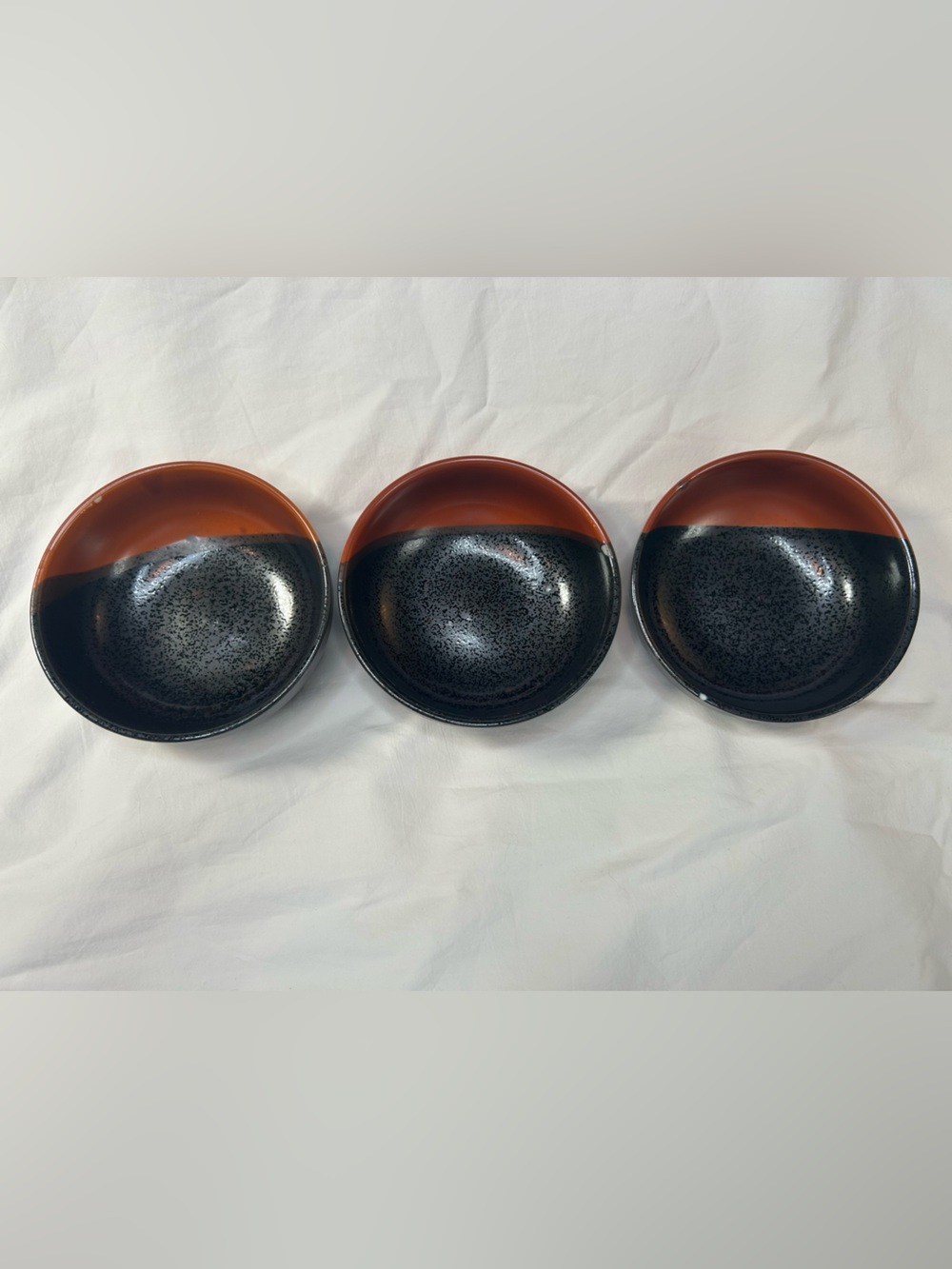 Japanese Ceramic Half-Glazed Accent Bowls in Black and Rust Set of 3 Wabi Sabi